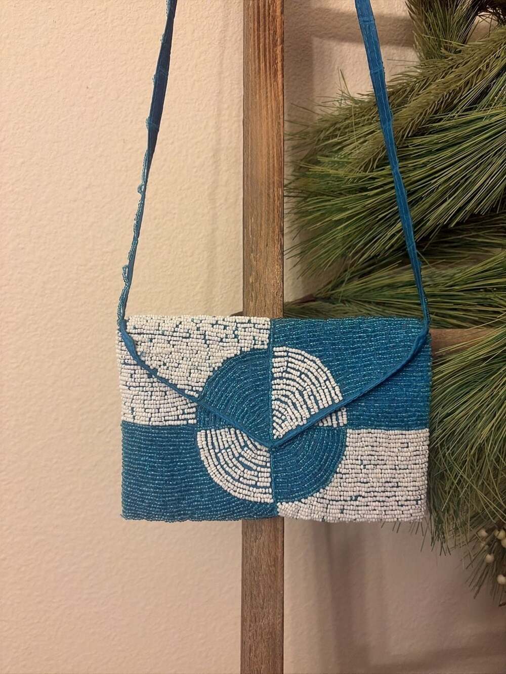 Sol and Mer Blue and White Geometric Beaded Shoulder Bag